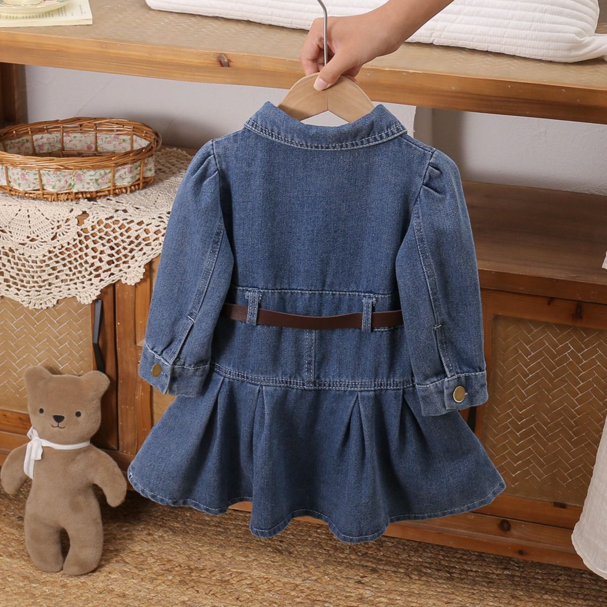 Children's clothing Girls' dress pleated denim long sleeved shirt collar single breasted cardigan skirt  tie belt Two piece set