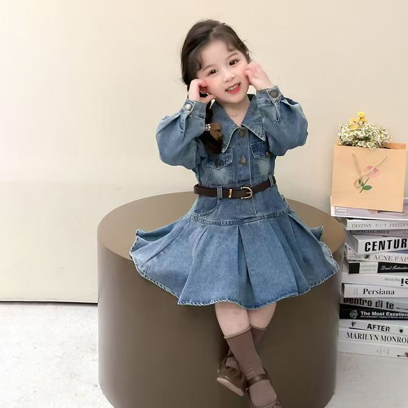 Children's clothing Girls' dress pleated denim long sleeved shirt collar single breasted cardigan skirt  tie belt Two piece set