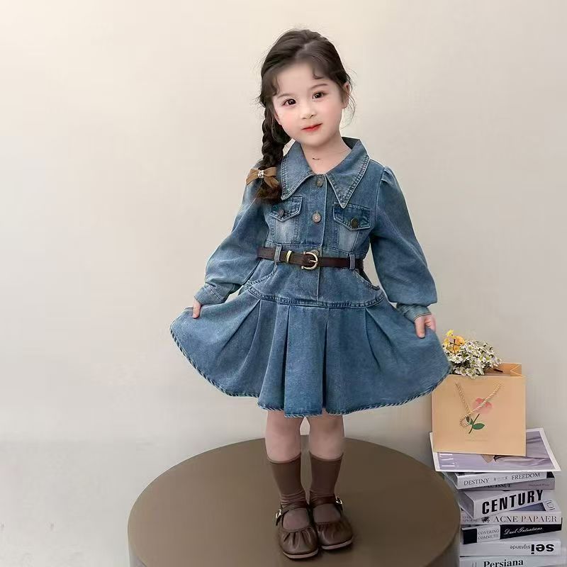 Children's clothing Girls' dress pleated denim long sleeved shirt collar single breasted cardigan skirt  tie belt Two piece set