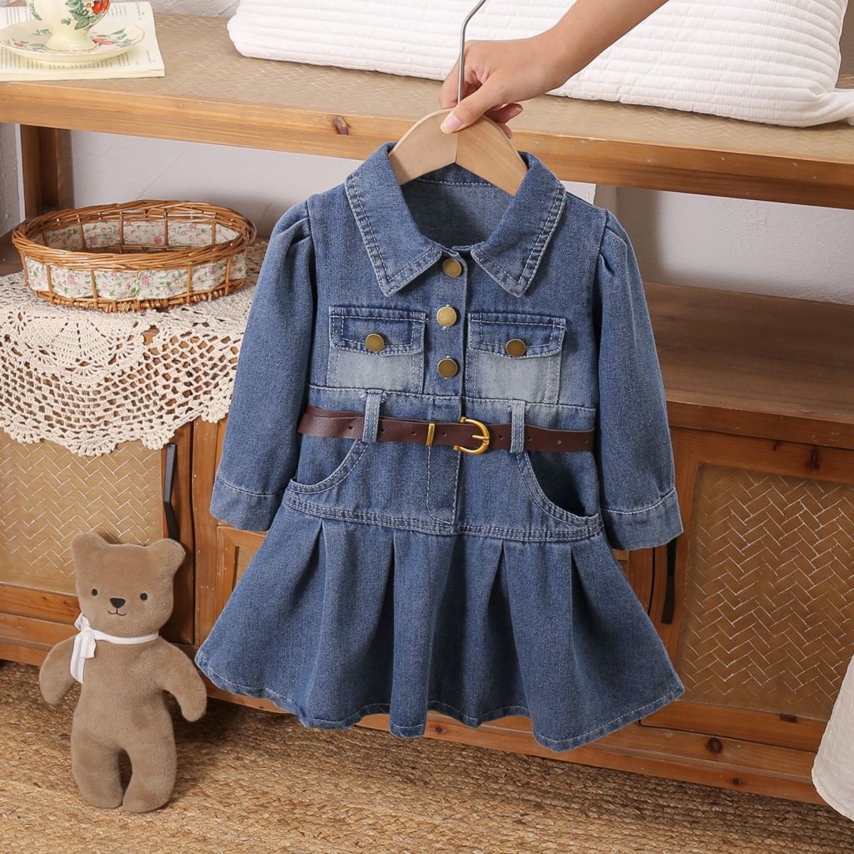 Children's clothing Girls' dress pleated denim long sleeved shirt collar single breasted cardigan skirt  tie belt Two piece set