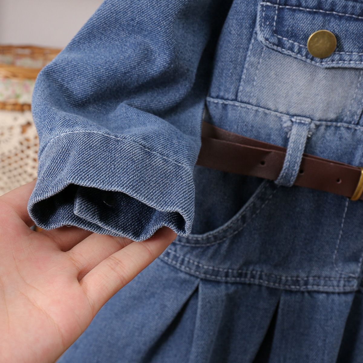 Children's clothing Girls' dress pleated denim long sleeved shirt collar single breasted cardigan skirt  tie belt Two piece set