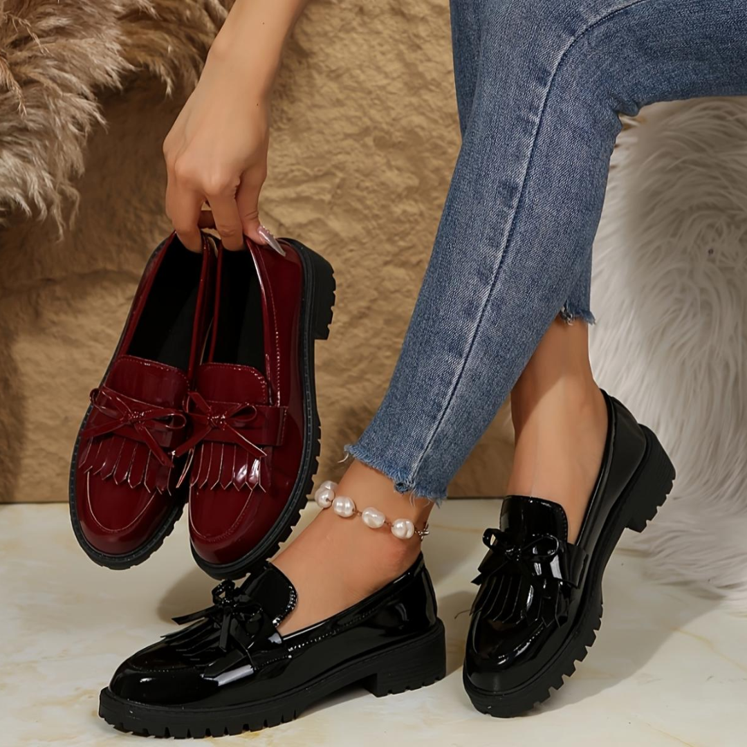 Women’s Luxury Patent Chunky Loafers | Tassel Slip-On Flat Oxford Shoes | glossy patent leather loafers. Non-Slip Sole & All-Day Comfort for Office, Casual, and Party Wear