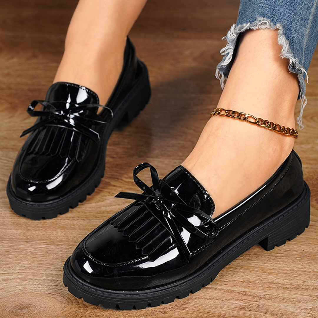 Women’s Luxury Patent Chunky Loafers | Tassel Slip-On Flat Oxford Shoes | glossy patent leather loafers. Non-Slip Sole & All-Day Comfort for Office, Casual, and Party Wear