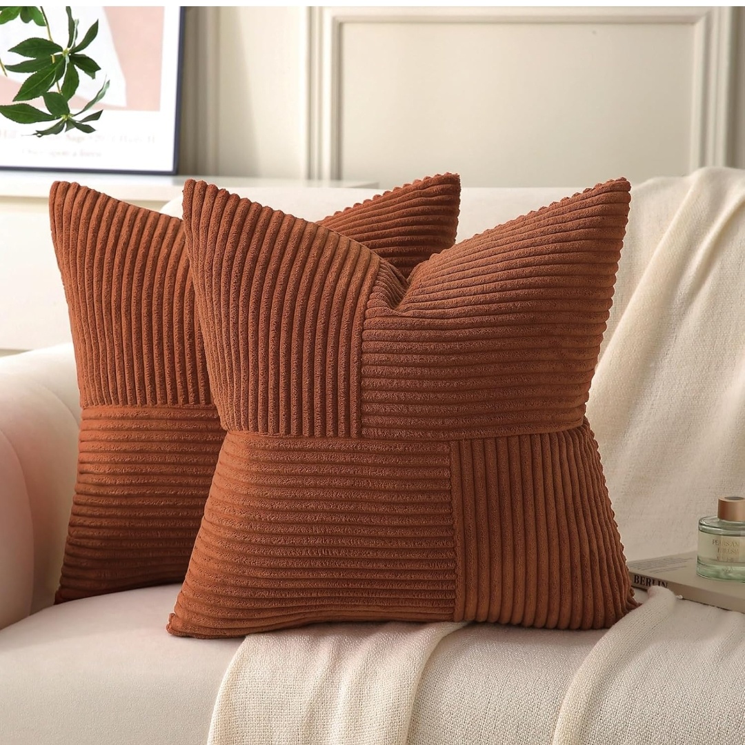 Pack of 2 Soft Corduroy Cushion Covers with Patchwork Textured,Farmhouse Home Decor,Boho Decorative Cushion Case for Couch Bed Sofa Living Room.Size: 18x18inches