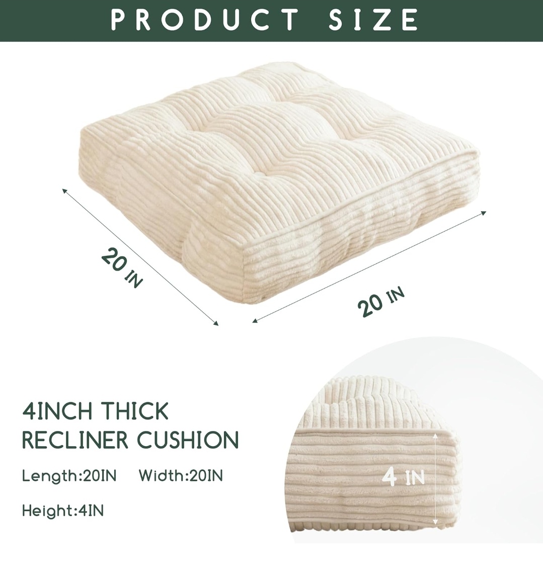 Tufted Corduroy Recliner Seat Cushion for Elderly, High Density Foam Large Square Seat Cushion for Recliner Chair, Floor Pillow, Office Chair, Car, No Pressure on Thighs, 20x20x4,