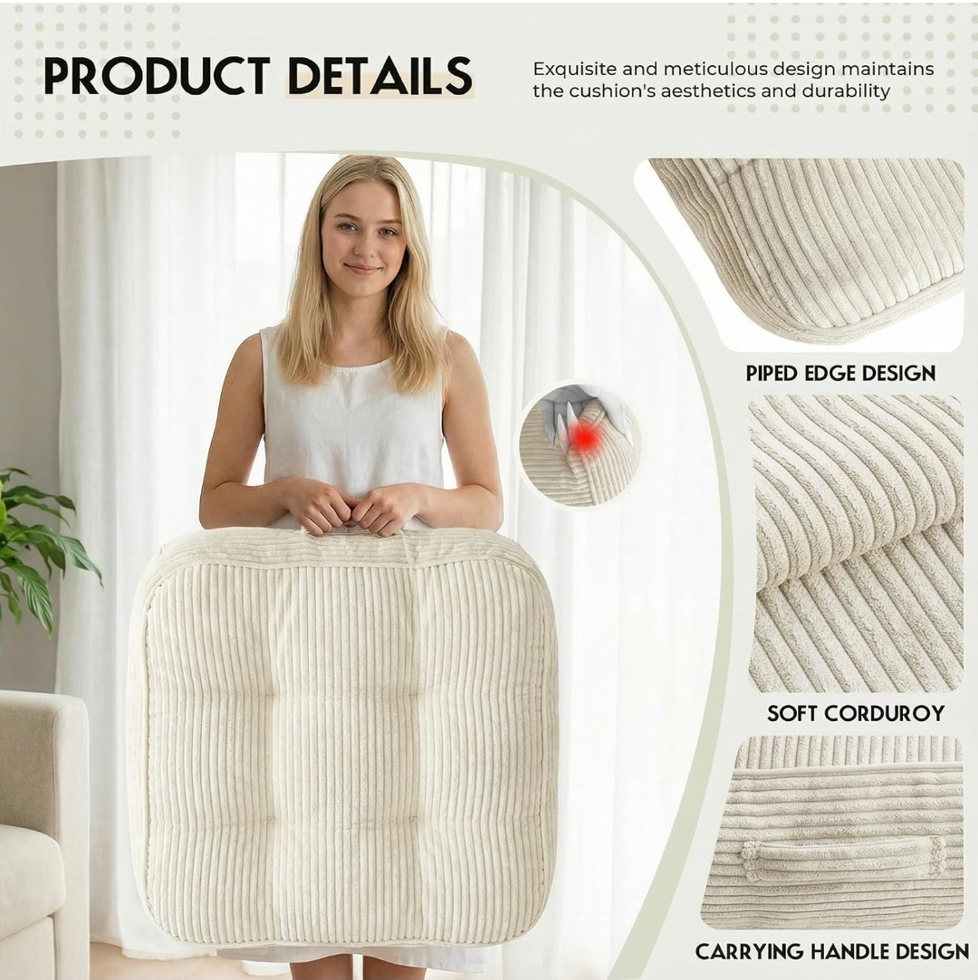 11" Thick Washable Floor Pillow for Adults, Yoga & Meditation Cushion with Handle, Square Large Pillows