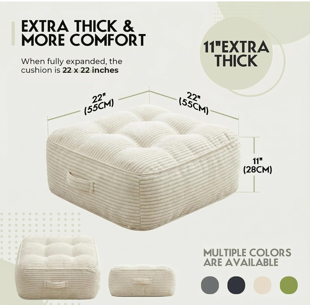 11" Thick Washable Floor Pillow for Adults, Yoga & Meditation Cushion with Handle, Square Large Pillows