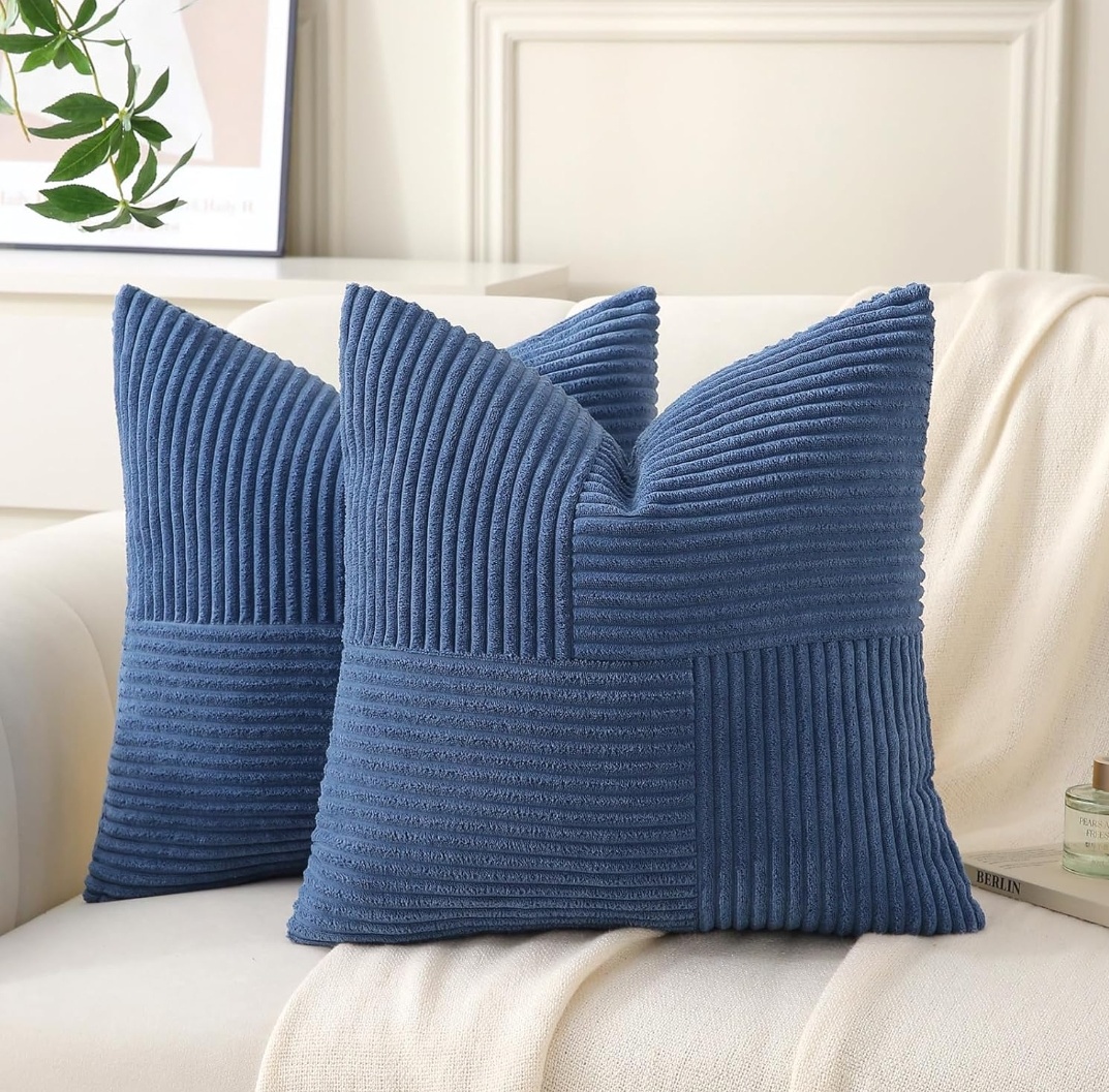 Pack of 2 Soft Corduroy Cushion Covers with Patchwork Textured,Farmhouse Home Decor,Boho Decorative Cushion Case for Couch Bed Sofa Living Room.Size: 18x18inches