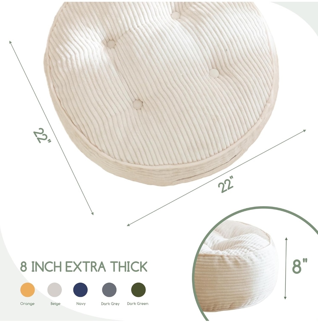 Floor Pillow Cushion for Adults, Meditation Cushion Pillow, Large Round Floor Sitting, Tufted Corduroy Cover, for Tatami Living Room or Yoga, 22x22 Inch