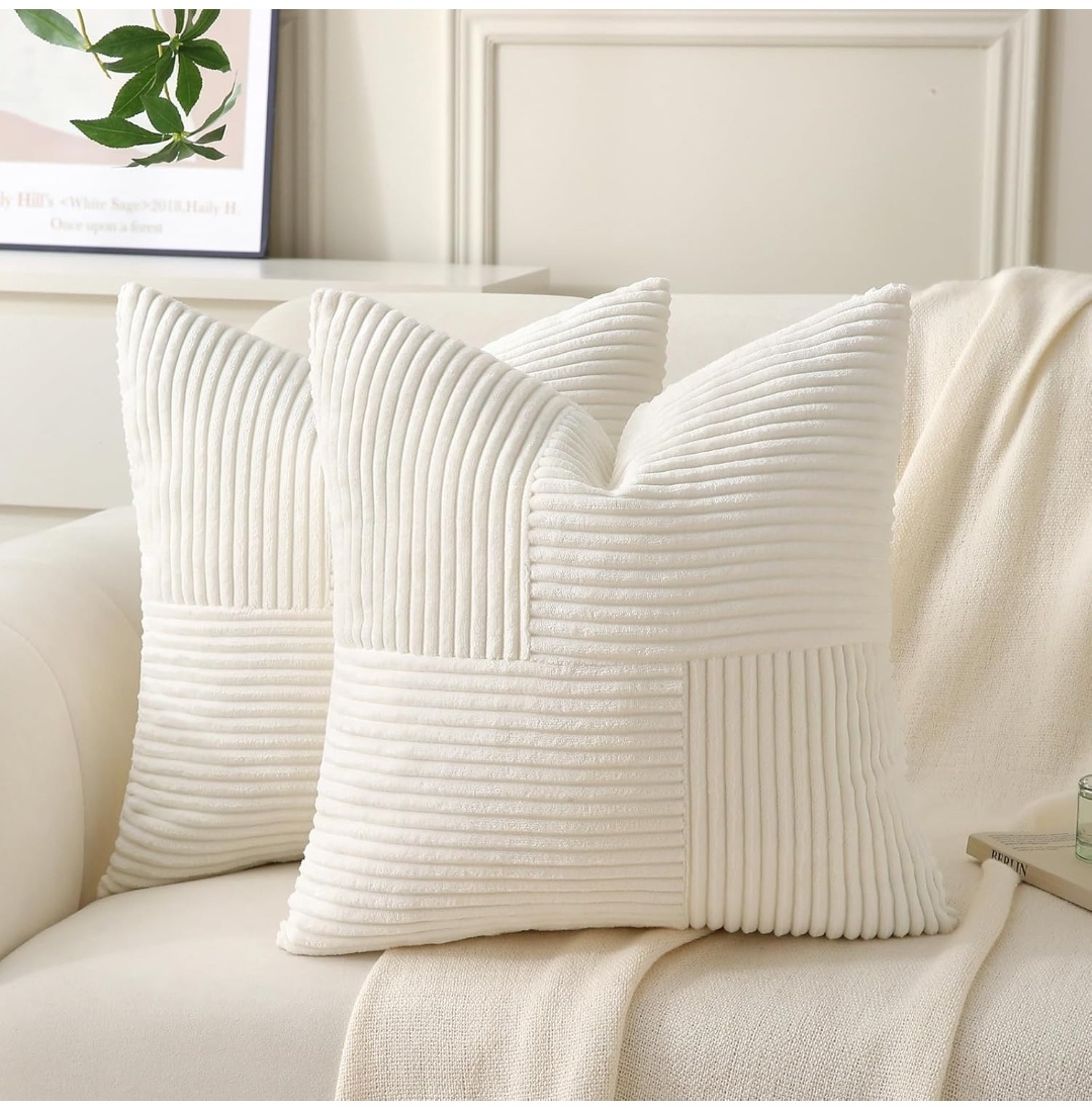 Pack of 2 Soft Corduroy Cushion Covers with Patchwork Textured,Farmhouse Home Decor,Boho Decorative Cushion Case for Couch Bed Sofa Living Room.Size: 18x18inches