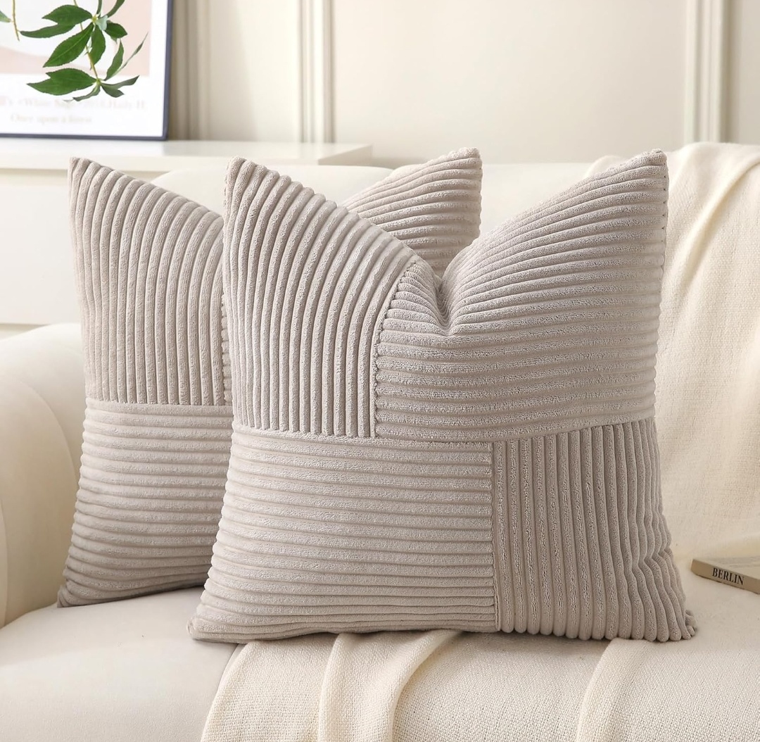 Pack of 2 Soft Corduroy Cushion Covers with Patchwork Textured,Farmhouse Home Decor,Boho Decorative Cushion Case for Couch Bed Sofa Living Room.Size: 18x18inches