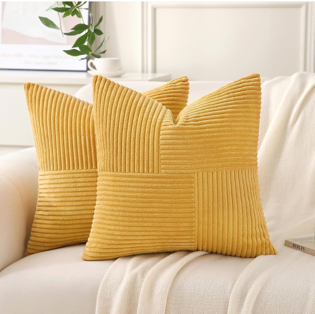 Pack of 2 Soft Corduroy Cushion Covers with Patchwork Textured,Farmhouse Home Decor,Boho Decorative Cushion Case for Couch Bed Sofa Living Room.Size: 18x18inches