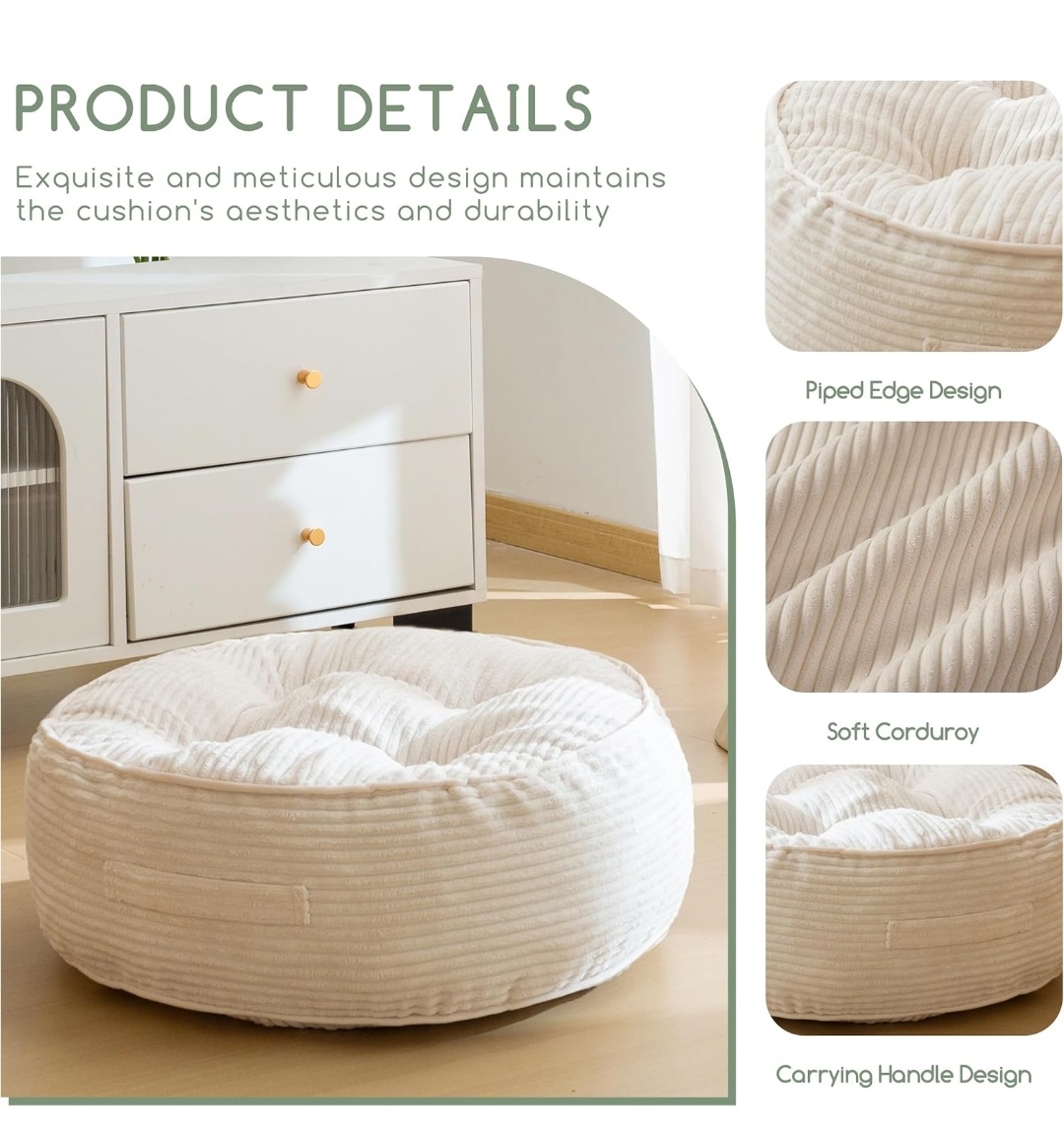 Floor Pillow Cushion for Adults, Meditation Cushion Pillow, Large Round Floor Sitting, Tufted Corduroy Cover, for Tatami Living Room or Yoga, 22x22 Inch