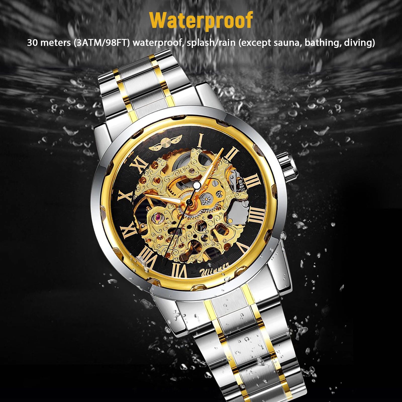BYLD Men’s Automatic Skeleton Watch, Gold Stainless Steel Mechanical Wristwatch, Self-Winding Analog Watch with Luminous Hands, Water Resistant 30M Gift for Men