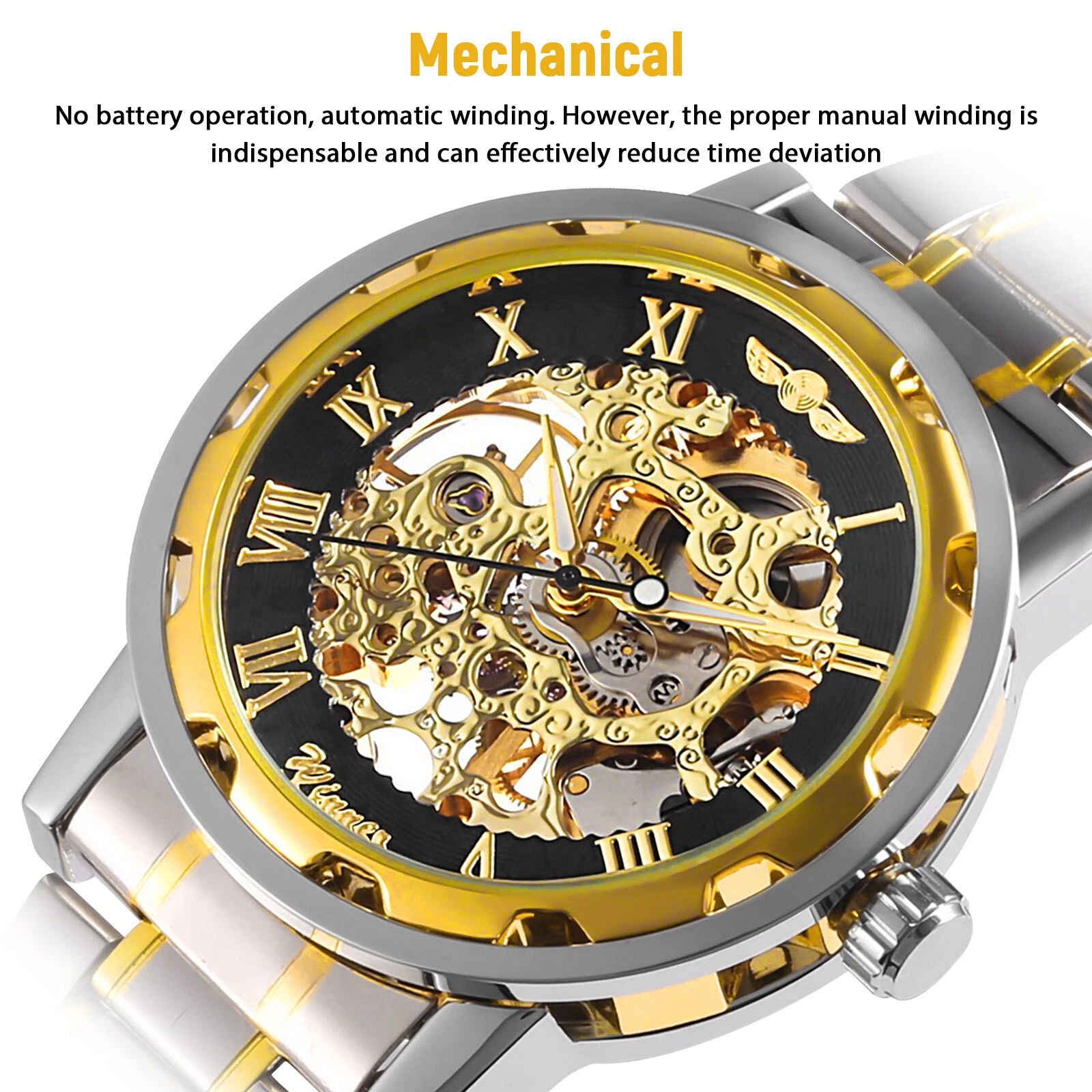 BYLD Men’s Automatic Skeleton Watch, Gold Stainless Steel Mechanical Wristwatch, Self-Winding Analog Watch with Luminous Hands, Water Resistant 30M Gift for Men