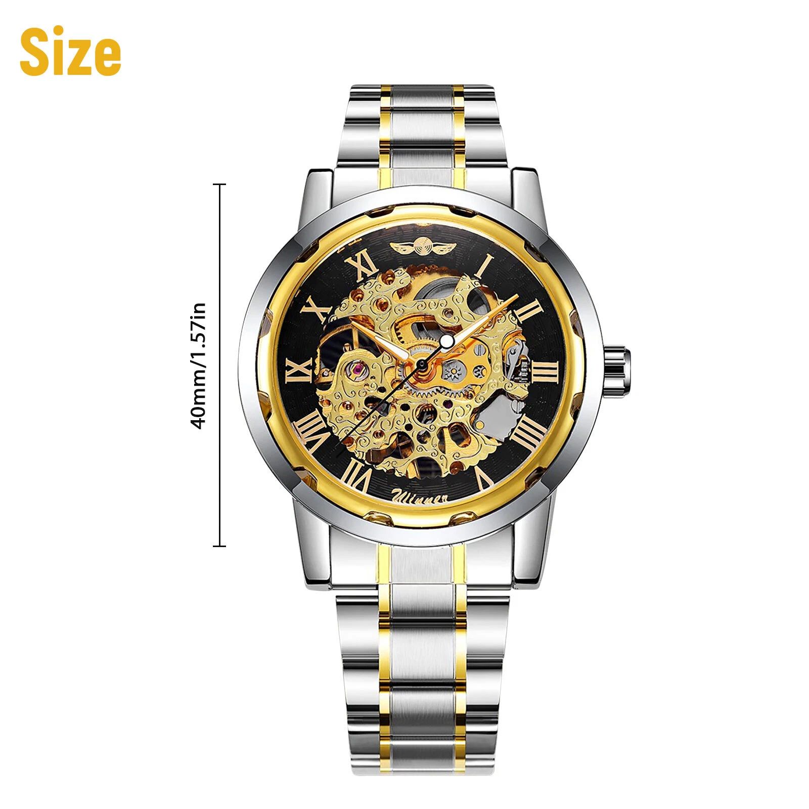 BYLD Men’s Automatic Skeleton Watch, Gold Stainless Steel Mechanical Wristwatch, Self-Winding Analog Watch with Luminous Hands, Water Resistant 30M Gift for Men
