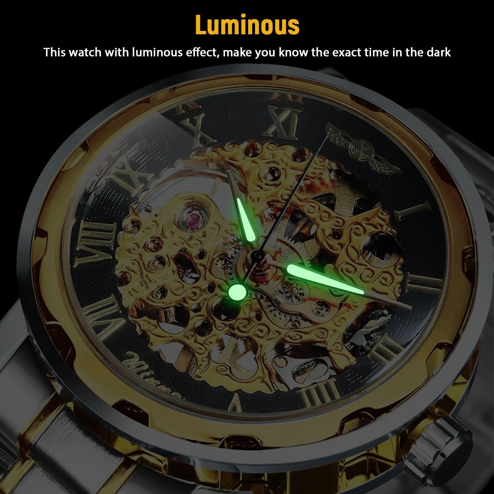BYLD Men’s Automatic Skeleton Watch, Gold Stainless Steel Mechanical Wristwatch, Self-Winding Analog Watch with Luminous Hands, Water Resistant 30M Gift for Men