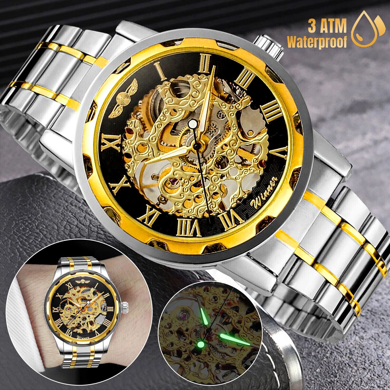 BYLD Men’s Automatic Skeleton Watch, Gold Stainless Steel Mechanical Wristwatch, Self-Winding Analog Watch with Luminous Hands, Water Resistant 30M Gift for Men