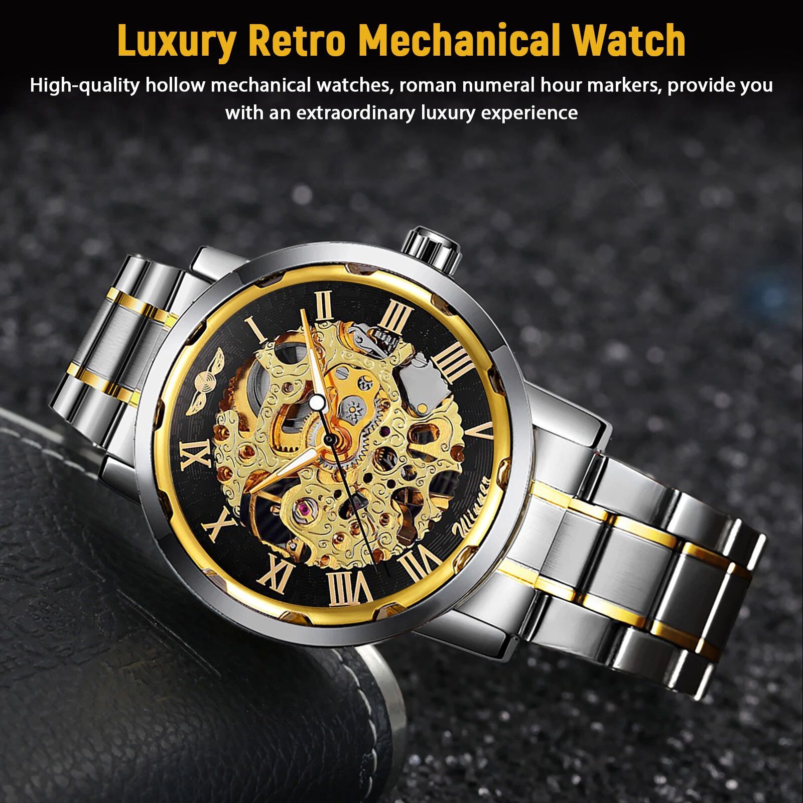 BYLD Men’s Automatic Skeleton Watch, Gold Stainless Steel Mechanical Wristwatch, Self-Winding Analog Watch with Luminous Hands, Water Resistant 30M Gift for Men