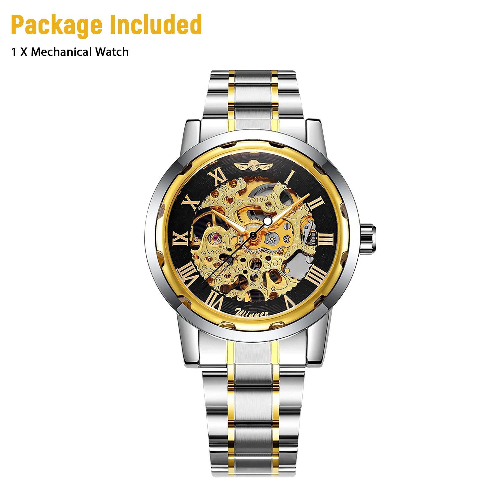 BYLD Men’s Automatic Skeleton Watch, Gold Stainless Steel Mechanical Wristwatch, Self-Winding Analog Watch with Luminous Hands, Water Resistant 30M Gift for Men