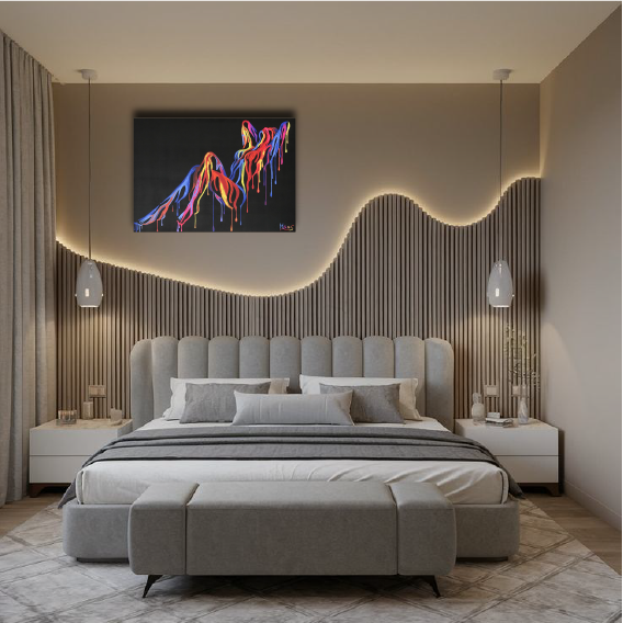 “Where Crimson Meets Azure: A Reclining Duet” — Modern African Abstract Wall Paper/Wall Sticker/ Wall Art/Wall Decor on BOARD. Comes mounted on either forex or MDF board of your desired size.