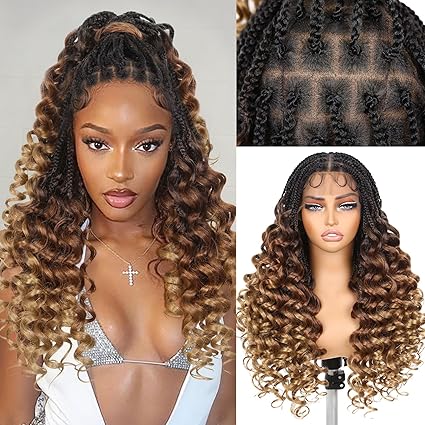 360 Braided Wigs for Black Women  Full Lace Box Braided Wigs Synthetic Wavy Glueless Braid Wig with Baby Hair 3D Curls Braided Wig 24 Inch