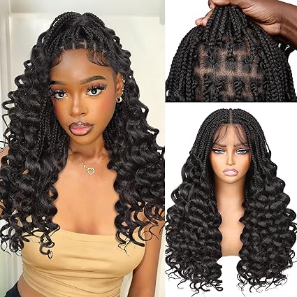 360 Braided Wigs for Black Women  Full Lace Box Braided Wigs Synthetic Wavy Glueless Braid Wig with Baby Hair 3D Curls Braided Wig 24 Inch
