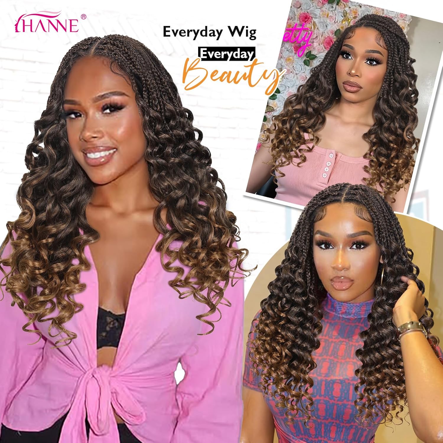 360 Braided Wigs for Black Women  Full Lace Box Braided Wigs Synthetic Wavy Glueless Braid Wig with Baby Hair 3D Curls Braided Wig 24 Inch