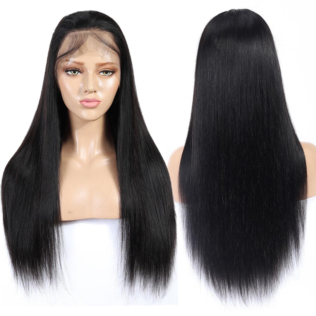 Glueless  Lace Frontal  human blend semi human Wigs 24Inches Long Straight Black Wigs for Black Women 13x4x1 Lace Hand Tied Pre Plucked Hairline
