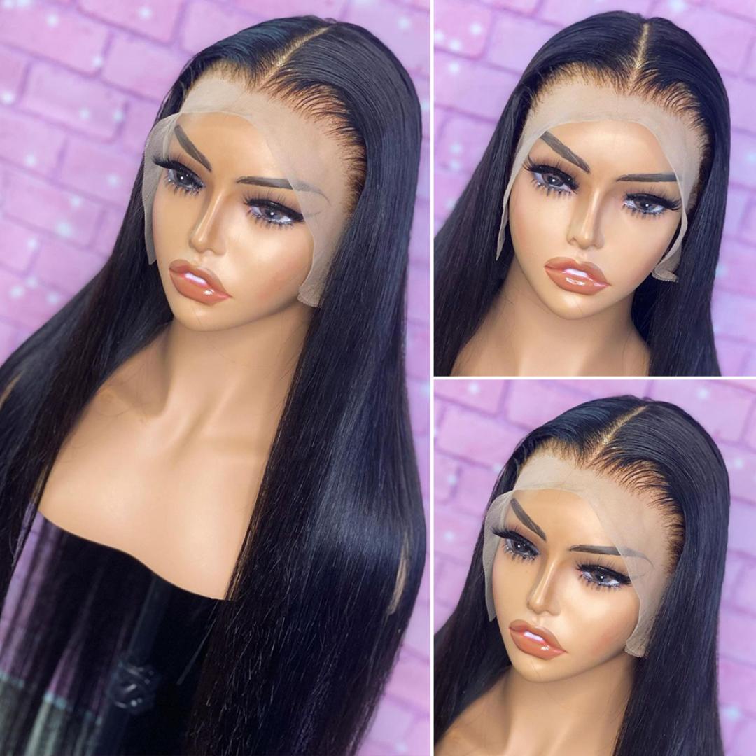 Glueless  Lace Frontal  human blend semi human Wigs 24Inches Long Straight Black Wigs for Black Women 13x4x1 Lace Hand Tied Pre Plucked Hairline