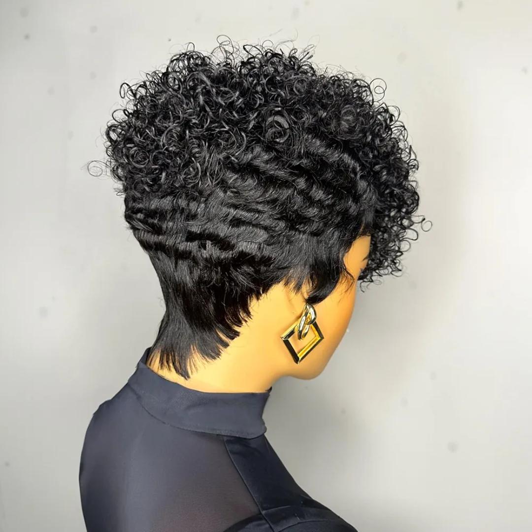Pixie Cut Curly semi Human Hair Wig for Black Women Short Layered Pixie Wigs With Bangs Curly  semi Human Hair Wig Glueless Natural Black for Everyday Use
