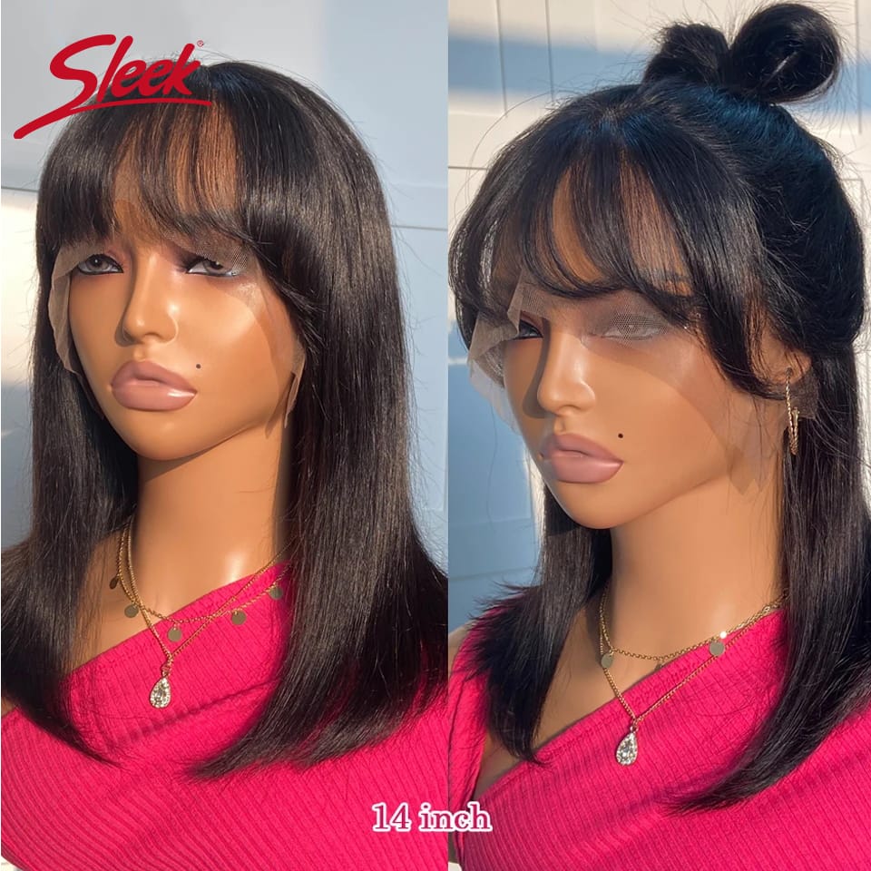 frontal Straight Bob Bangs Wig  Lace semi Human Hair Wigs with Bangs 180% Density Realistic Short Natural Black Ready to Wear and Go Wigs for Women Beginner Friendly