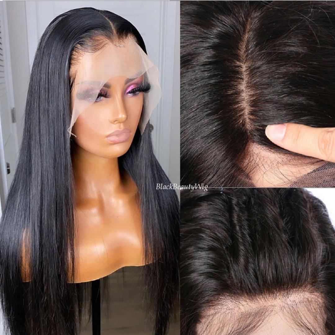 Glueless  Lace Frontal  human blend semi human Wigs 24Inches Long Straight Black Wigs for Black Women 13x4x1 Lace Hand Tied Pre Plucked Hairline