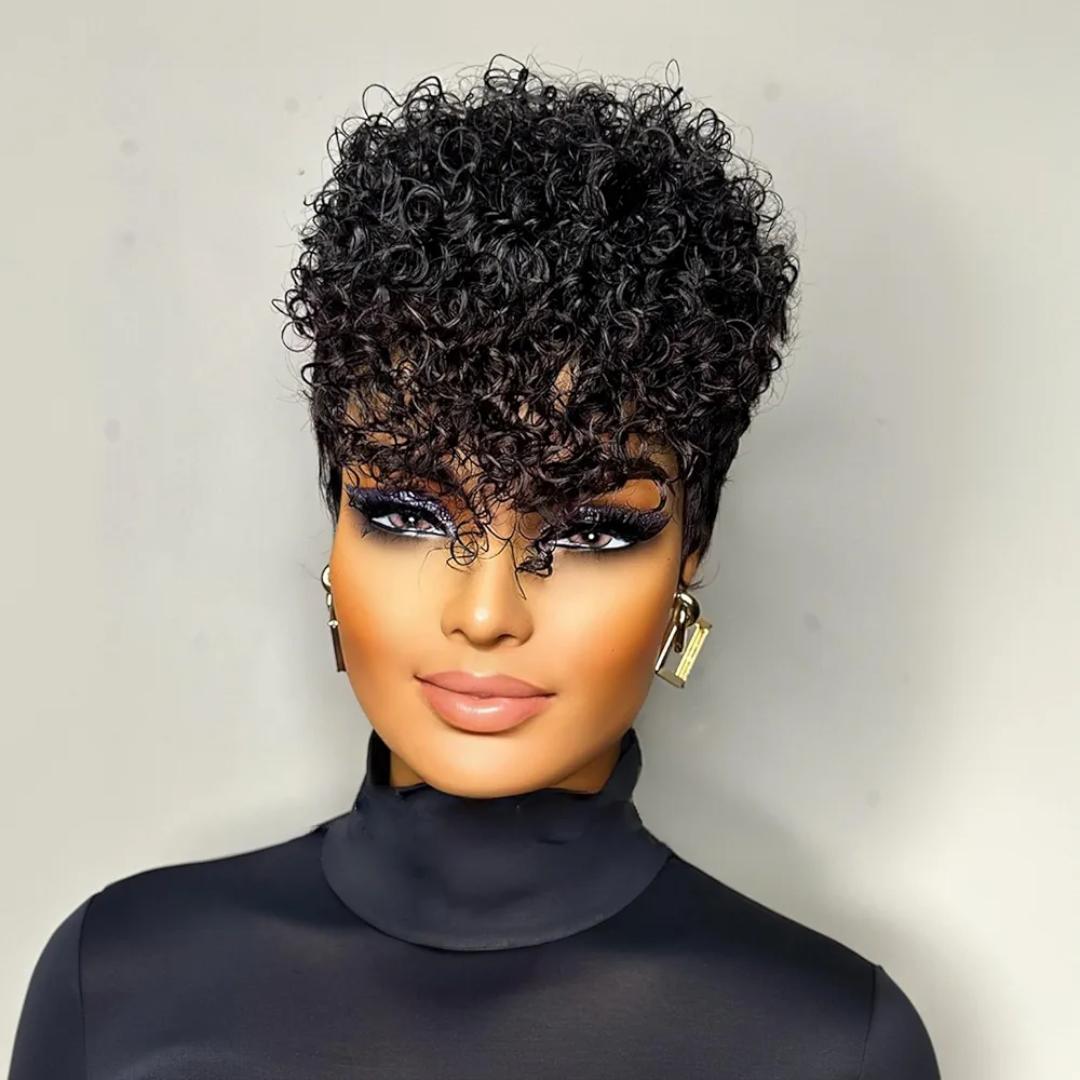 Pixie Cut Curly semi Human Hair Wig for Black Women Short Layered Pixie Wigs With Bangs Curly  semi Human Hair Wig Glueless Natural Black for Everyday Use