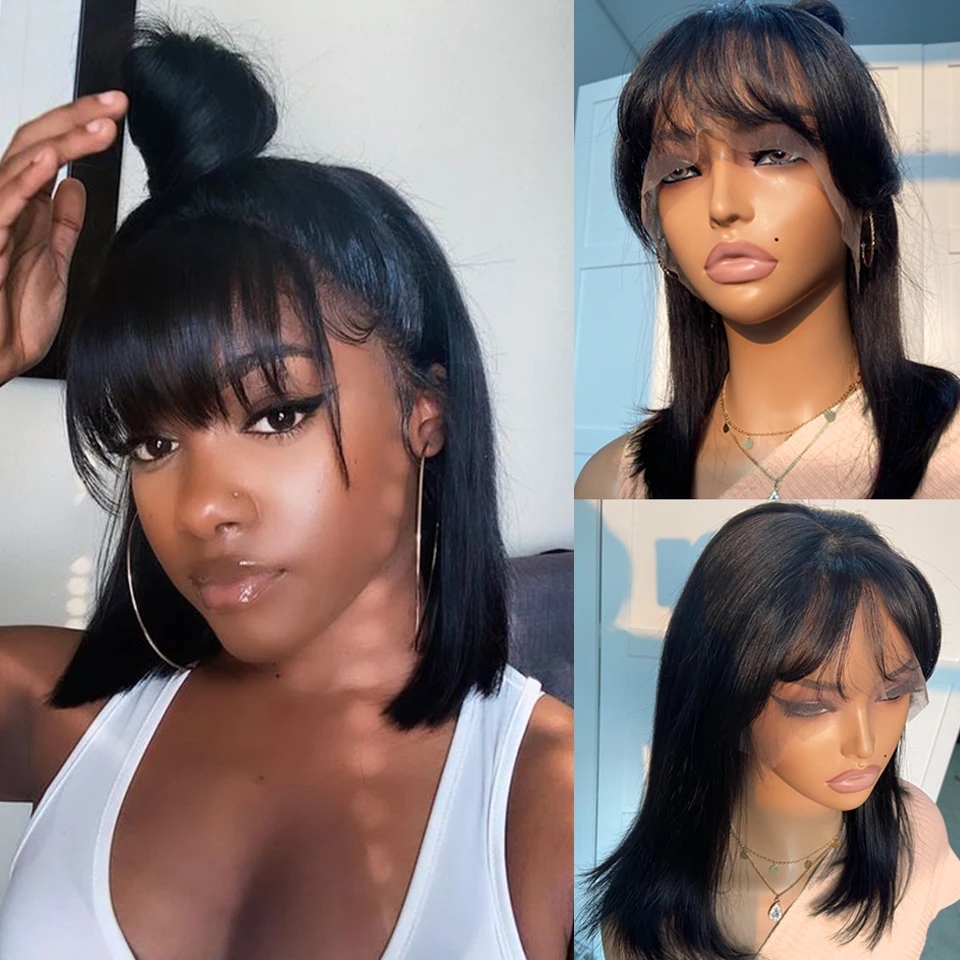 frontal Straight Bob Bangs Wig  Lace semi Human Hair Wigs with Bangs 180% Density Realistic Short Natural Black Ready to Wear and Go Wigs for Women Beginner Friendly