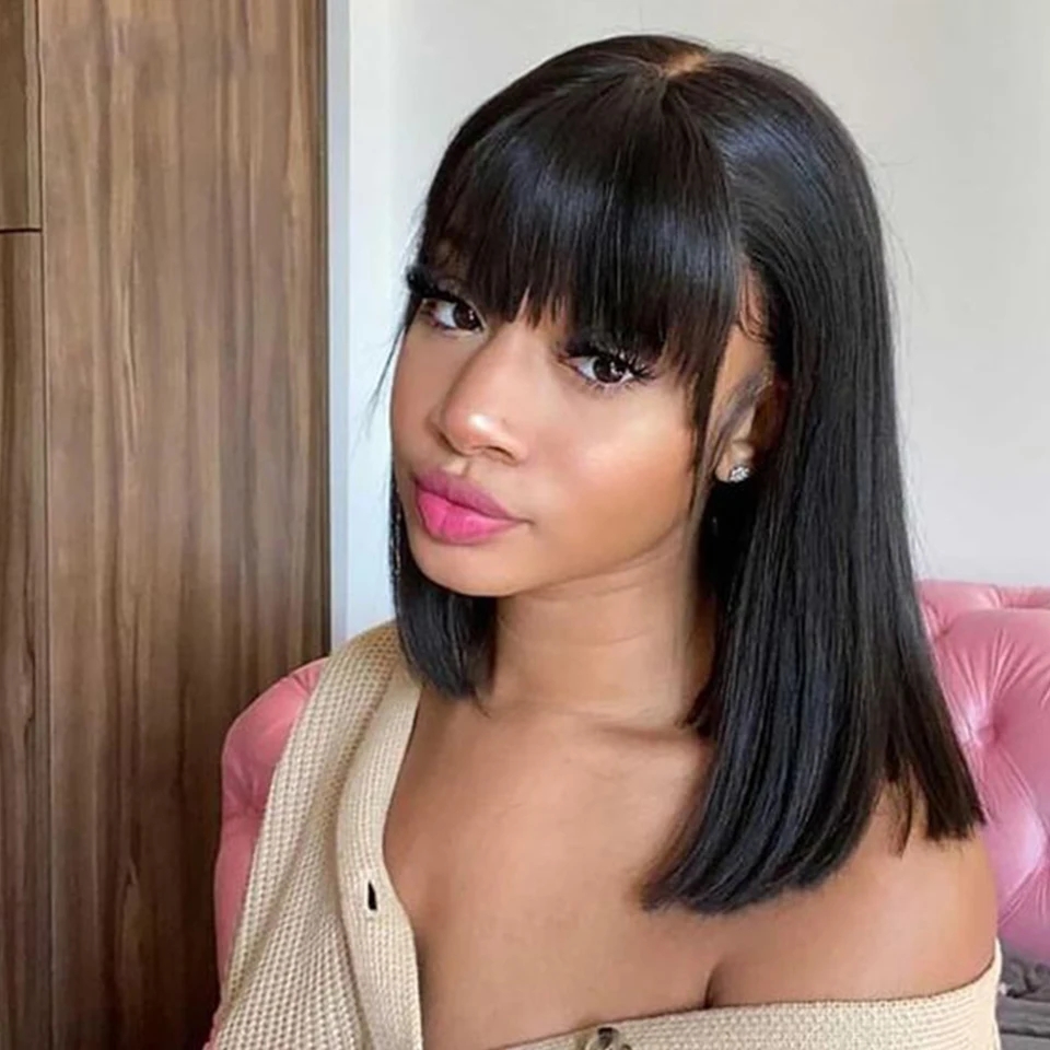 frontal Straight Bob Bangs Wig  Lace semi Human Hair Wigs with Bangs 180% Density Realistic Short Natural Black Ready to Wear and Go Wigs for Women Beginner Friendly