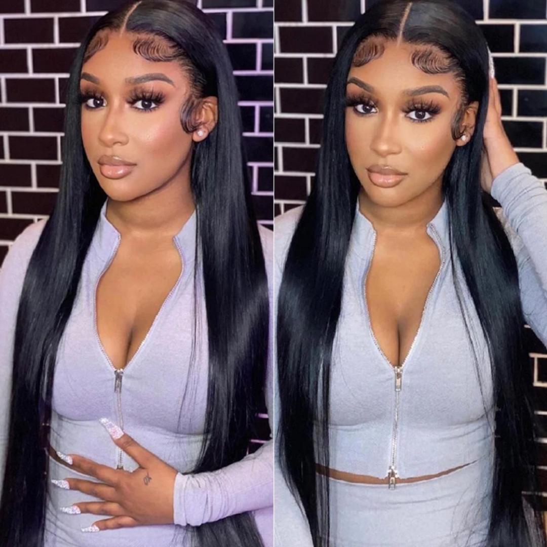 Glueless  Lace Frontal  human blend semi human Wigs 24Inches Long Straight Black Wigs for Black Women 13x4x1 Lace Hand Tied Pre Plucked Hairline