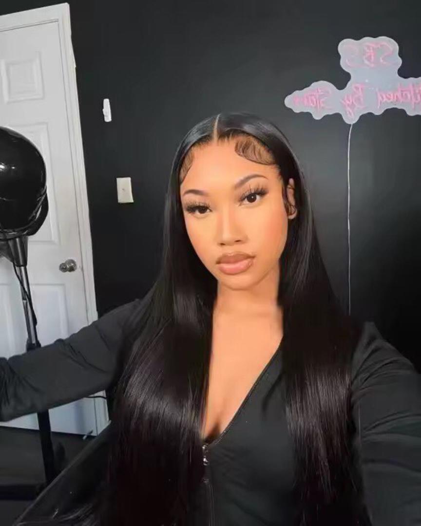 Glueless  Lace Frontal  human blend semi human Wigs 24Inches Long Straight Black Wigs for Black Women 13x4x1 Lace Hand Tied Pre Plucked Hairline