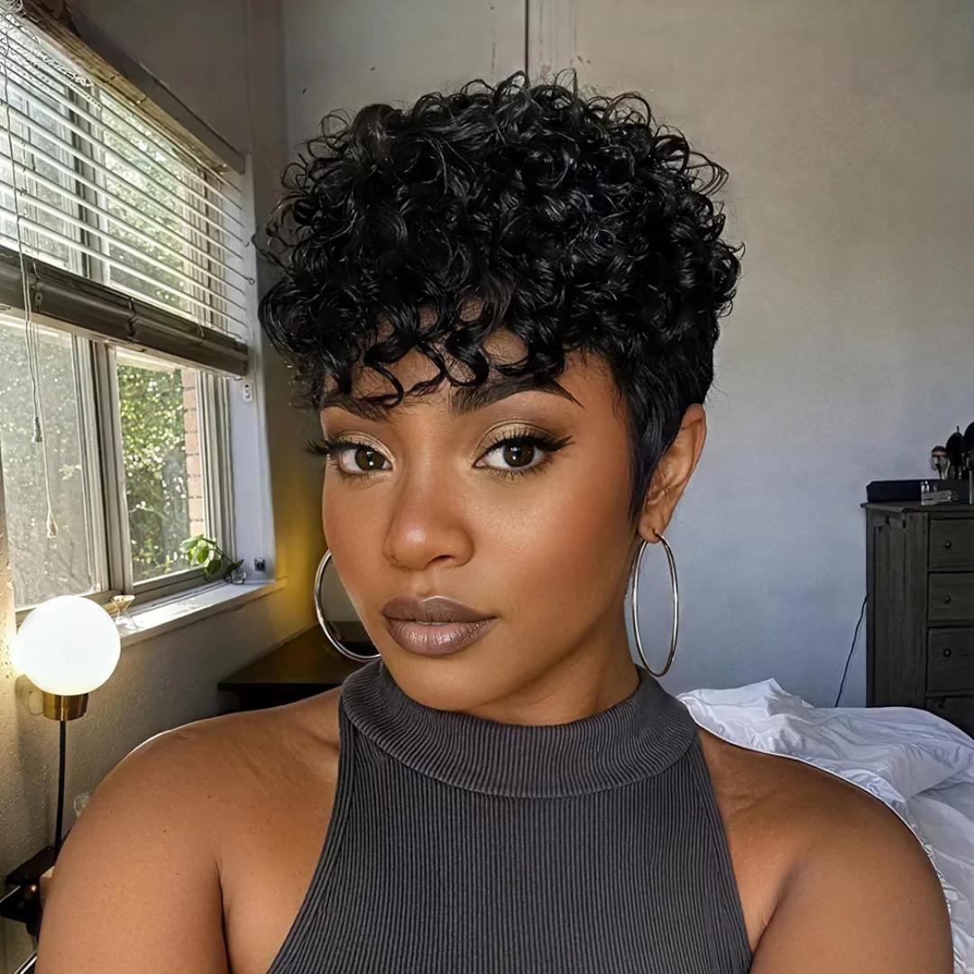 Pixie Cut Curly semi Human Hair Wig for Black Women Short Layered Pixie Wigs With Bangs Curly  semi Human Hair Wig Glueless Natural Black for Everyday Use
