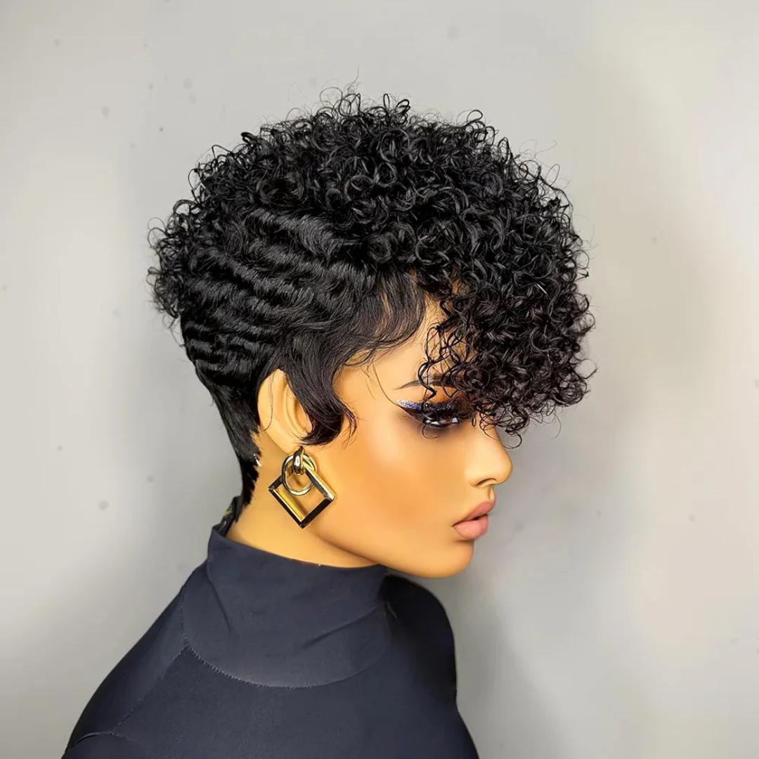 Pixie Cut Curly semi Human Hair Wig for Black Women Short Layered Pixie Wigs With Bangs Curly  semi Human Hair Wig Glueless Natural Black for Everyday Use