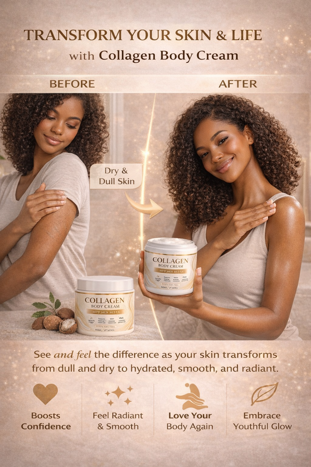 Collagen Body Cream Moisturizing Lotion - Skin Brightening, Anti aging, Acne & Other Skin conditions, Fades Stretch Marks&Cellulite, Repair Cracked Heels and Moisturizer, Soothes Dry Skin.