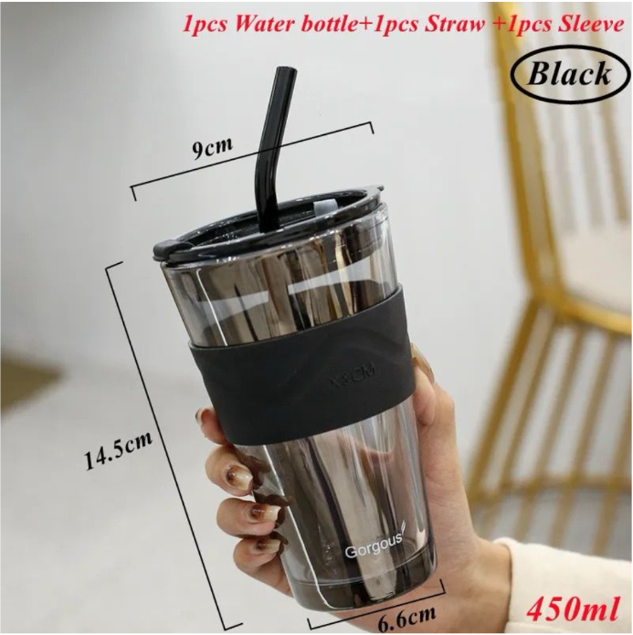 450ml Thick Wall Glass Cup With Lid and Straw Coffee Mug Drinking Glass Cup Bottle Heat Resistant Milk Juice Cup Travel Sealed Non Slip Straw Mug