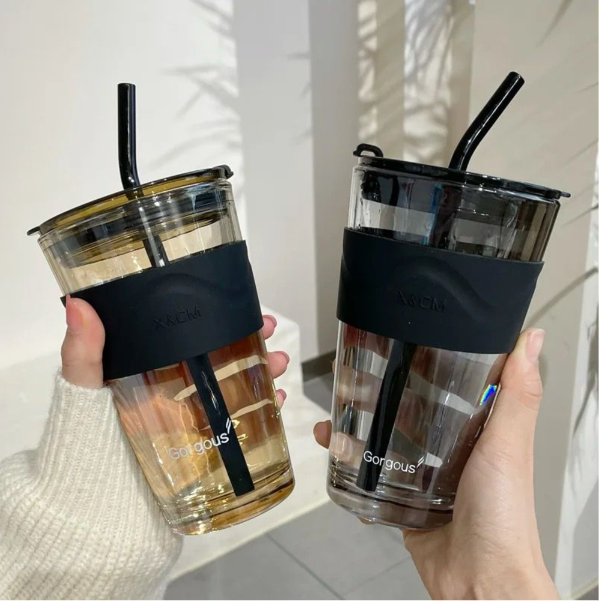 450ml Thick Wall Glass Cup With Lid and Straw Coffee Mug Drinking Glass Cup Bottle Heat Resistant Milk Juice Cup Travel Sealed Non Slip Straw Mug