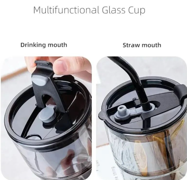 450ml Thick Wall Glass Cup With Lid and Straw Coffee Mug Drinking Glass Cup Bottle Heat Resistant Milk Juice Cup Travel Sealed Non Slip Straw Mug