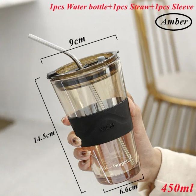 450ml Thick Wall Glass Cup With Lid and Straw Coffee Mug Drinking Glass Cup Bottle Heat Resistant Milk Juice Cup Travel Sealed Non Slip Straw Mug