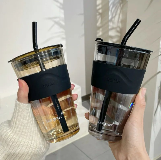 450ml Thick Wall Glass Cup With Lid and Straw Coffee Mug Drinking Glass Cup Bottle Heat Resistant Milk Juice Cup Travel Sealed Non Slip Straw Mug
