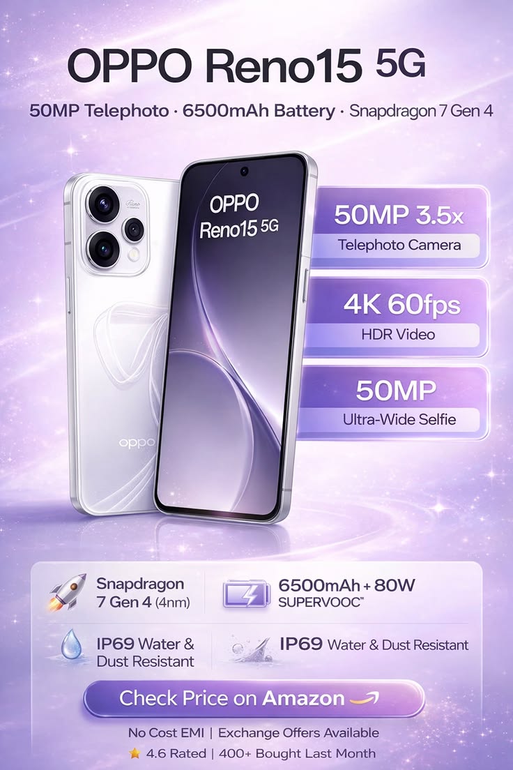 🔥 DEALS !! 🔥OPPO RENO 15 5G 512GB 12GB RAM 6.59" FHD+ AMOLED DISPLAY COLOROS 16.0 OS QUALCOMM SNAPDRAGON® 7 GEN 4 8MP + 50MP + 50MP MAIN CAMERA 50MP SELFIE CAMERA FINGERPRINT (UNDER DISPLAY, OPTICAL