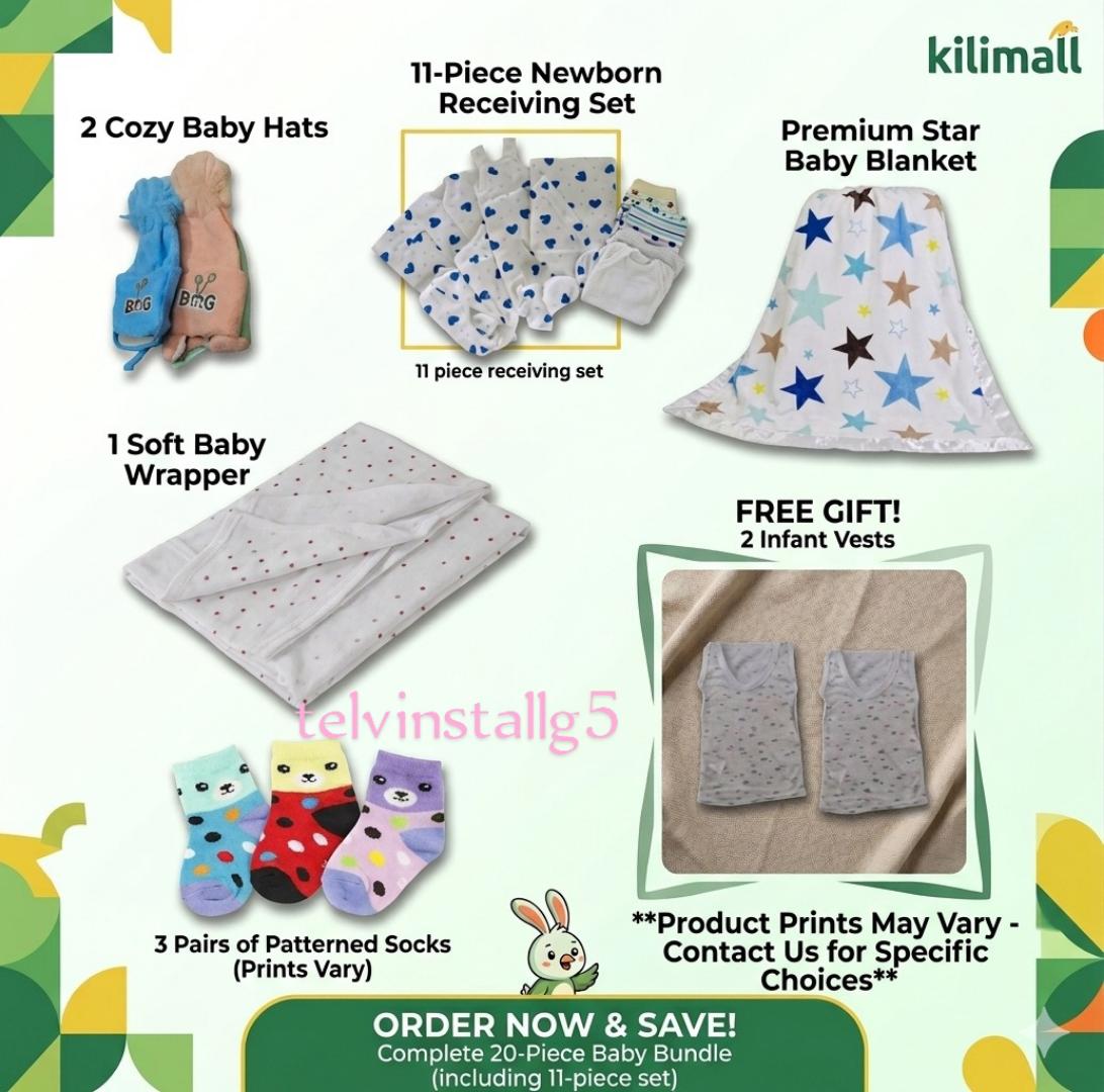 Baby Gift set ::20 complete pack including 11 pieces baby suit + baby blanket star fashion+ dotted wrapper+3 pair of socks+2 baby muffins+ free gift 2 newborn vests