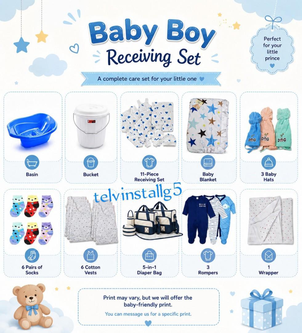 TODAY'S OFFER SALE Essential Baby receiving items (Diaper bag 5 in 1+ 6 vests+ 3 muffins+ wrapper+3 rompers+6 newborn socks + 1 baby suit 11pieces +baby blanket star fashion +1 bucket+ 1 bathing basin