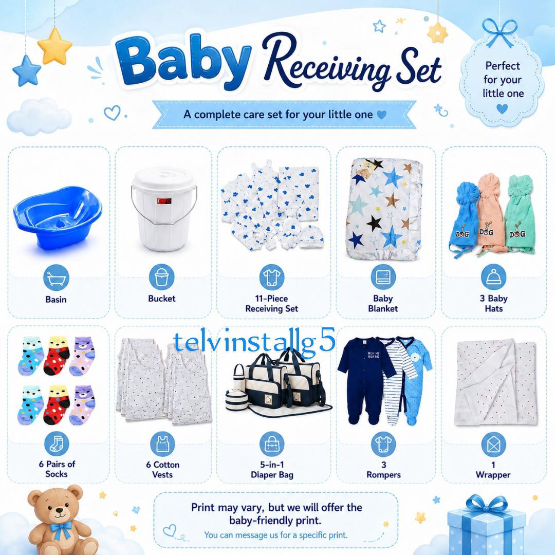 TODAY'S OFFER SALE Essential Baby receiving items (Diaper bag 5 in 1+ 6 vests+ 3 muffins+ wrapper+3 rompers+6 newborn socks + 1 baby suit 11pieces +baby blanket star fashion +1 bucket+ 1 bathing basin